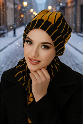 Hardal Siyah Çizgili Tesettür Bere