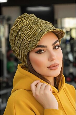 Hardal Siyah Ekose Desen Tesettür Şapka