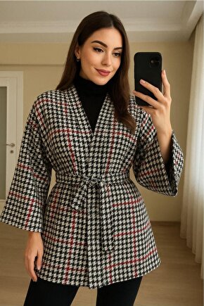 Kaşe Kazayağı Desen Kuşaklı Kimono Ceket  Kışlık Ürün