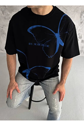 Unisex Bisiklet Yaka Baskılı Oversize T-Shirt - Siyah