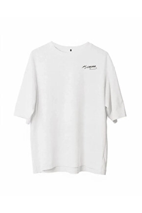 Unisex Bisiklet Yaka Baskılı Oversize T-Shirt - Beyaz