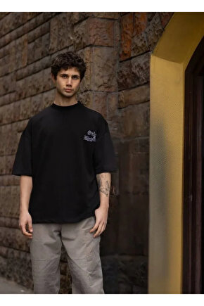 Unisex Bisiklet Yaka Baskılı Oversize T-Shirt - Siyah