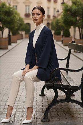 Lacivert Önü Bağlamalı Kimono Tunik Likralı Yazlık Kumaş