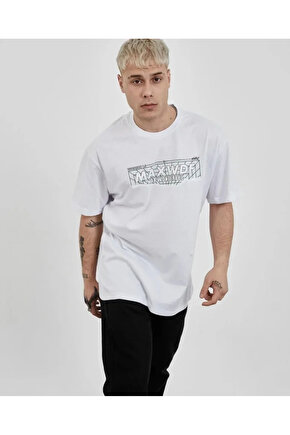 Unisex Bisiklet Yaka Baskılı Oversize T-Shirt - Beyaz