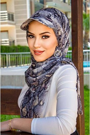 Siyah Yılan Derisi Desen Kepli Bandana Şapka Şal