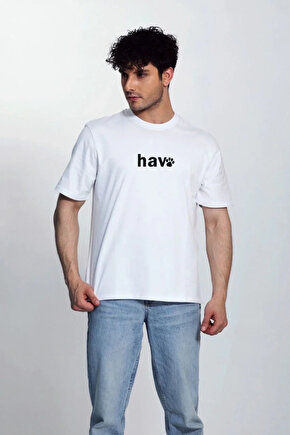 Erkek Bisiklet Yaka Kısa Kol hav Baskılı T-shirt - Beyaz