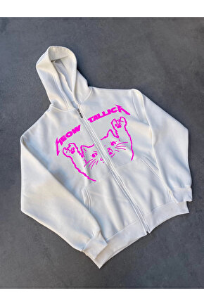 Kışlık Baskılı Fermuarlı Kapüşonlu Hırka - Beyaz