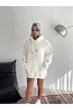 Kapüşonlu Üç İplik Penye Basic SweatShirt - Beyaz