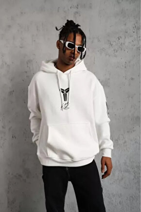 EQURİ Unisex Sırt Baskılı Kapüşonlu Üç İplik Oversize Sweatshirt - Beyaz