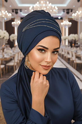 Lacivert Taşlı Atkılı Abiye Bone