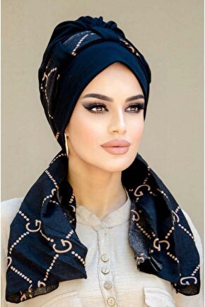 Siyah Marka Desen Fularlı Bone