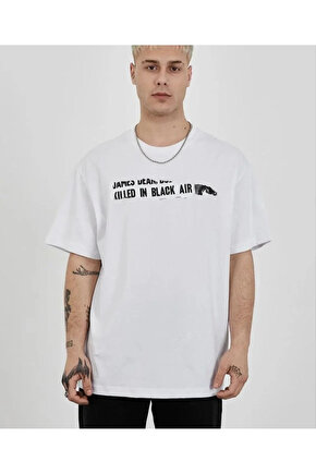 Unisex Bisiklet Yaka Baskılı Oversize T-Shirt - Beyaz