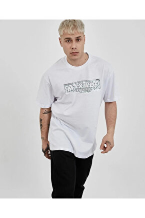 Unisex Bisiklet Yaka Baskılı Oversize T-Shirt - Beyaz