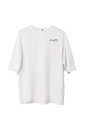 Unisex Bisiklet Yaka Baskılı Oversize T-Shirt - Beyaz