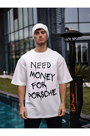 Unisex Bisiklet Yaka Baskılı Oversize T-Shirt - Beyaz