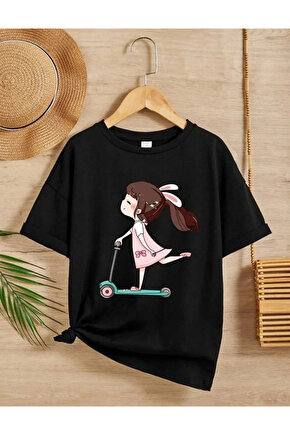 Kız Çocuk Bisiklet Yaka Baskılı T-Shirt - Siyah