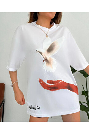 Kadın Dijital Baskılı T-Shirt - Beyaz