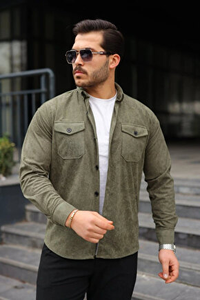 Erkek Uzun Kollu Cepli Kadife Gömlek