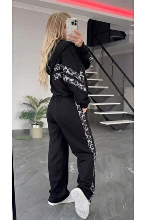 Kadın Uzun Kollu Kapşonlu önü Fermuarlı Leopar Desenli Modal Bluz Ve Pantolon Ikili Takım
