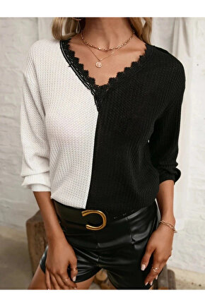 Kadın Uzun Kollu V Yakalı çift Renkli Triko Bluz