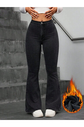 Kadın Yüksek Bel Tek Düğmeli Paçaya Doğru Genişleyen Kot Pantolon