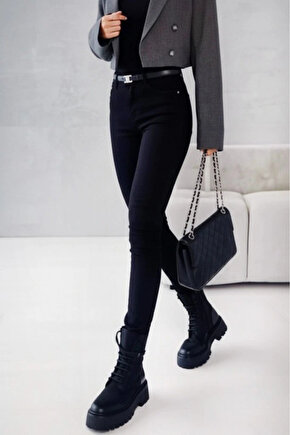 Kadın Yüksek Bel Cepli Kemersiz Kot Pantolon