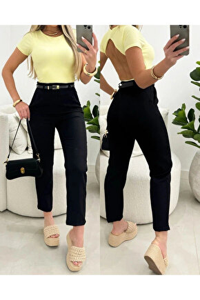 Kadın Yüksek Bel Kemersiz Ithal Krep Pantolon