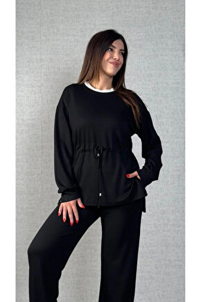 Kadın Uzun Kollu Bisiklet Yaka Belden Büzgülü Bağcıklı Viskon Iki Iplik Bluz Ve Pantolon Ikili Takım