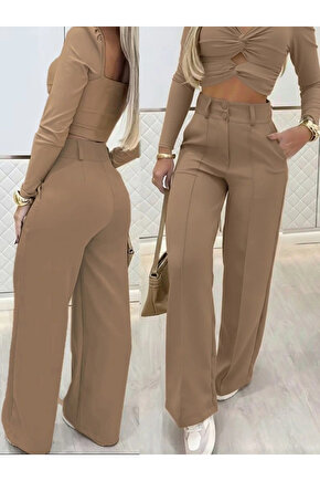 Kadın Uzun Kollu Göğüs Dekolteli Ithal Krep Bluz Ve Pantolon Ikili Takım