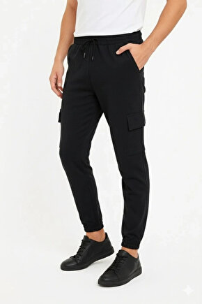 Erkek Siyah Jogger Eşofman Altı Rahat Kalıp, Kargo Cepli, Lastikli Paça, Günlük Spor Pantolon - Siya