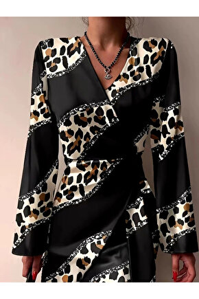 Kadın Uzun Kollu Kruvaze Yakalı Asimetrik Detaylı Mini Modal Elbise