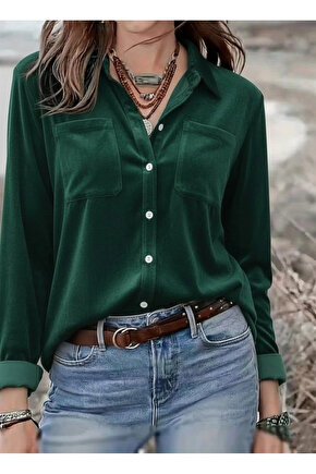 Kadın Uzun Kollu Yakalı önden Düğmeli Cep Detaylı Kadife Gömlek