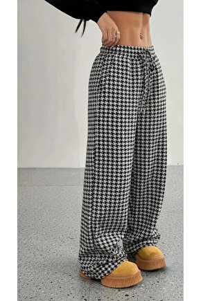 Kadın Yüksek Bel Lastikli Bağcıklı Geniş Kesim Kazayağı Dalgıç Pantolon