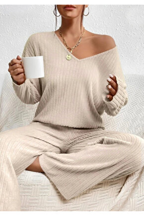 Kadın Uzun Kollu V Yakalı şardonlu Kaşkorse Bluz Ve Pantolon Ikili Takım