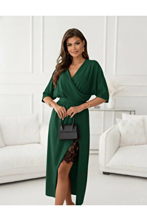 Kadın Uzun Kollu Kruvaze Yakalı Yandan Dantelli Midi Ithal Krep Elbise