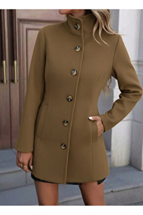 Kadın Uzun Kollu Yakalı önden Düğmeli Astarsız Ithal Kaşe Kahve Kaban