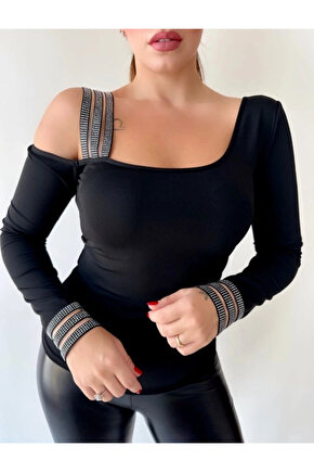 Kadın Omuz Dekolteli Taşlı şerit Detay Bluz