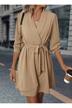 Kadın Uzun Kollu Kruvaze Yakalı Belden Kuşaklı Mini çift Katlı Ithal Krep Elbise