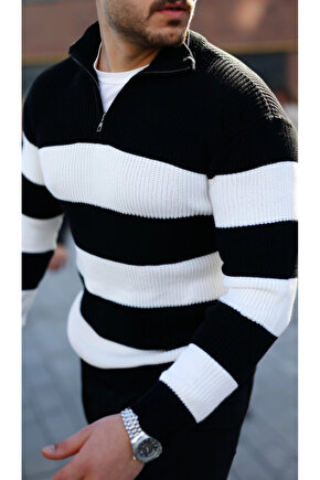 Erkek Şerit Renk Desenli Zip Yaka Kazak