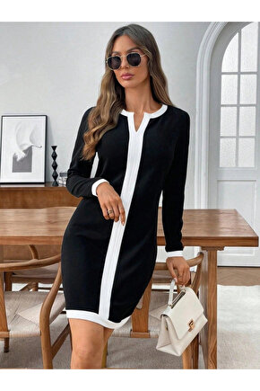 Kadın Uzun Kollu Yuvarlak V Yakalı şerit Detaylı Modal Mini Elbise