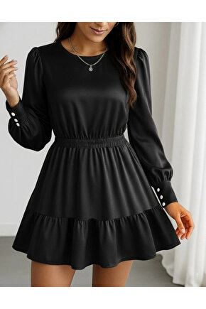 Kadın Uzun Kollu Bisiklet Yaka Beli Lastikli Fırfırlı Ithal Krep Elbise