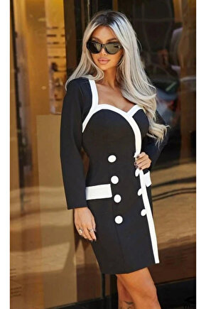 Kadın Uzun Kollu Kalp Yaka Kaplama Düğme Ve Cep Detay Elbise