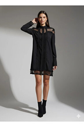 Kadın Uzun Kollu Yarım Balıkçı Yaka Transparan Detaylı Mini Elbise