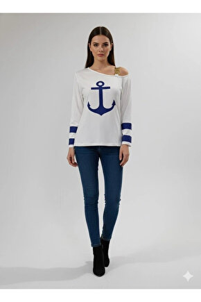 Kadın Uzun Kollu Kayık Yaka Omuz Dekoltesi Ve Toka Detaylı Bluz