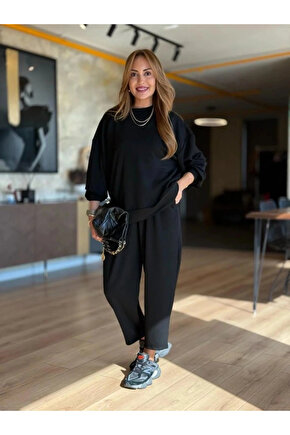 Kadın Uzun Kollu Bisiklet Yaka Viskon Iki Iplik Bluz Ve Pantolon Ikili Takım