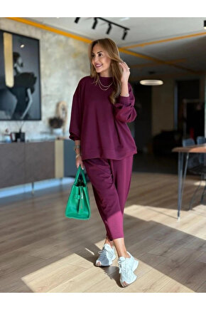 Kadın Uzun Kollu Bisiklet Yaka Viskon Iki Iplik Mor Bluz Ve Pantolon Ikili Takım