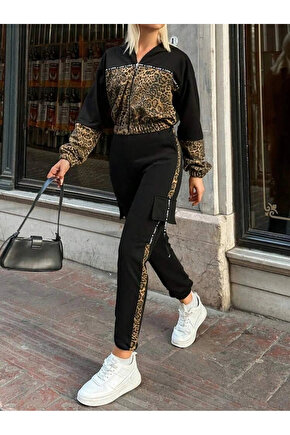 MDB Kadın Uzun Kollu Kapşonlu Leopar Desenli Viskon Iki Iplik Bluz Ve Pantolon Ikili Takım