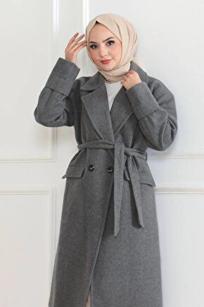 Kadın Kaşe Kaban – Uzun Boy Kruvaze Yaka Kuşaklı Tesettür Kaşe Kışlık Kaban, Astarlı Şık Yünlü Dokum