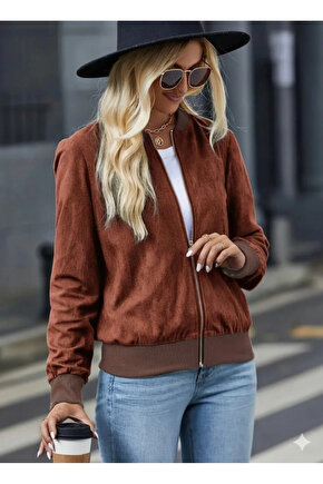 Kadın Uzun Kollu önden Fermuarlı Süet Ceket