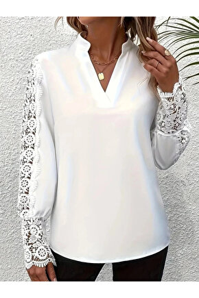 Kadın Uzun Kollu Hakim Yaka Kolları Dantel Detaylı Ithal Krep Bluz